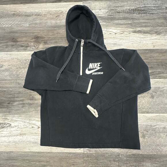 Nike Sportswear Club Fleece Black Womens XS 1/4 Zip Big Swoosh Spellout Hoodie - Picture 1 of 12